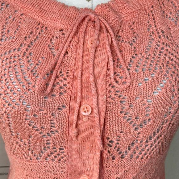 Vintage Open Knit Tie Front Cardigan Sweater Cottage Prairie Coastal Grandma L - Picture 5 of 7